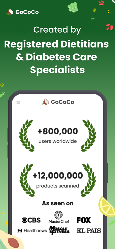 Écran de l'application GoCoCo montrant la validation par des experts diététiciens et les statistiques mondiales des utilisateurs.