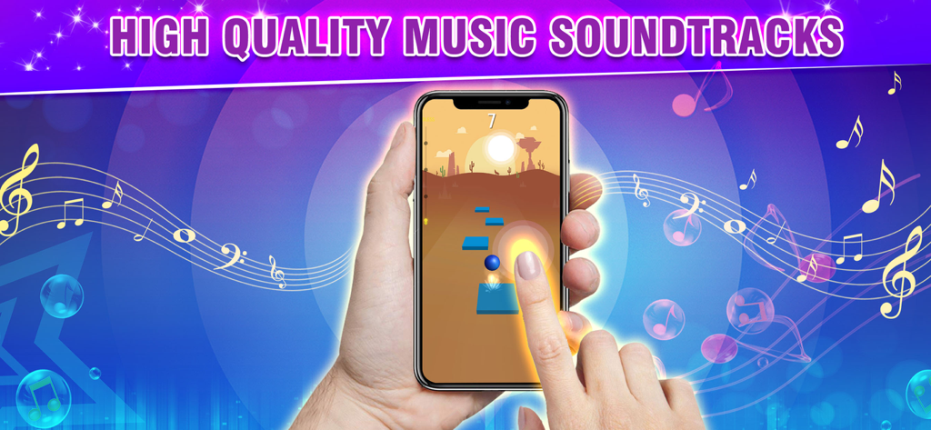 Mobile gameplay of Piano Dance Music Tiles Game showing a ball jumping on blue platforms with musical notes in the background