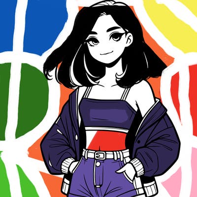 a realistic girl with a crop top and short shorts in an open jacket