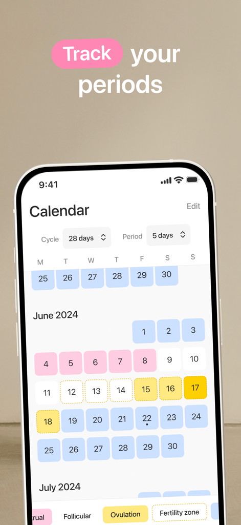 Harmony: Cycle Syncing, Period - Interfaccia del calendario dell'app Harmony che mostra il tracciamento del ciclo mestruale codificato a colori e le date del ciclo.