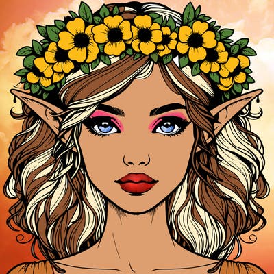 realistic female elf with flower crown