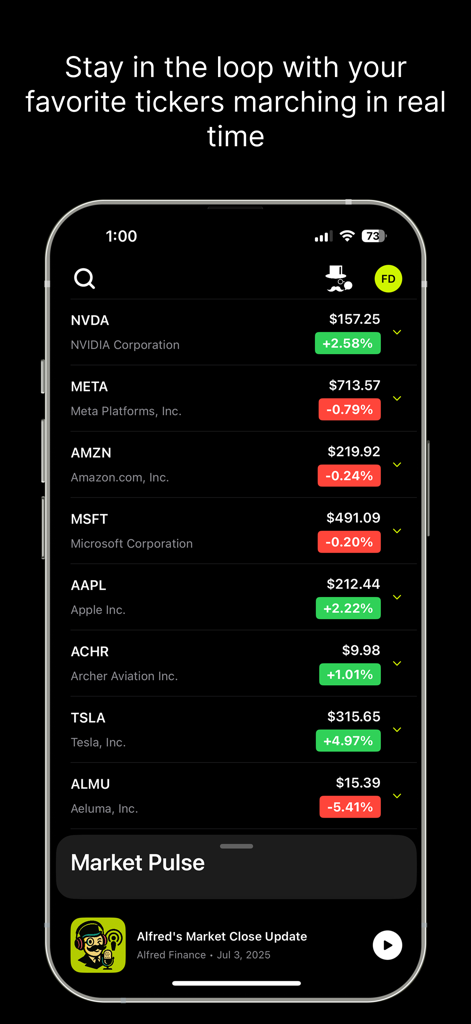 Alfred -Stock Market & Trading - Alfred app interface showing real time stock price updates and a market pulse podcast player