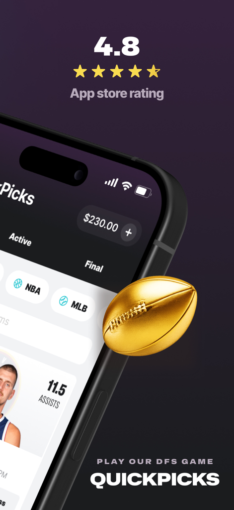 Splash Sports | Survivor & DFS - Splash Sports app interface showcasing a 4.8 star rating and the QuickPicks daily fantasy sports game
