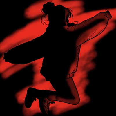 realistic girl jumping with a bun and oversized sweatshirt