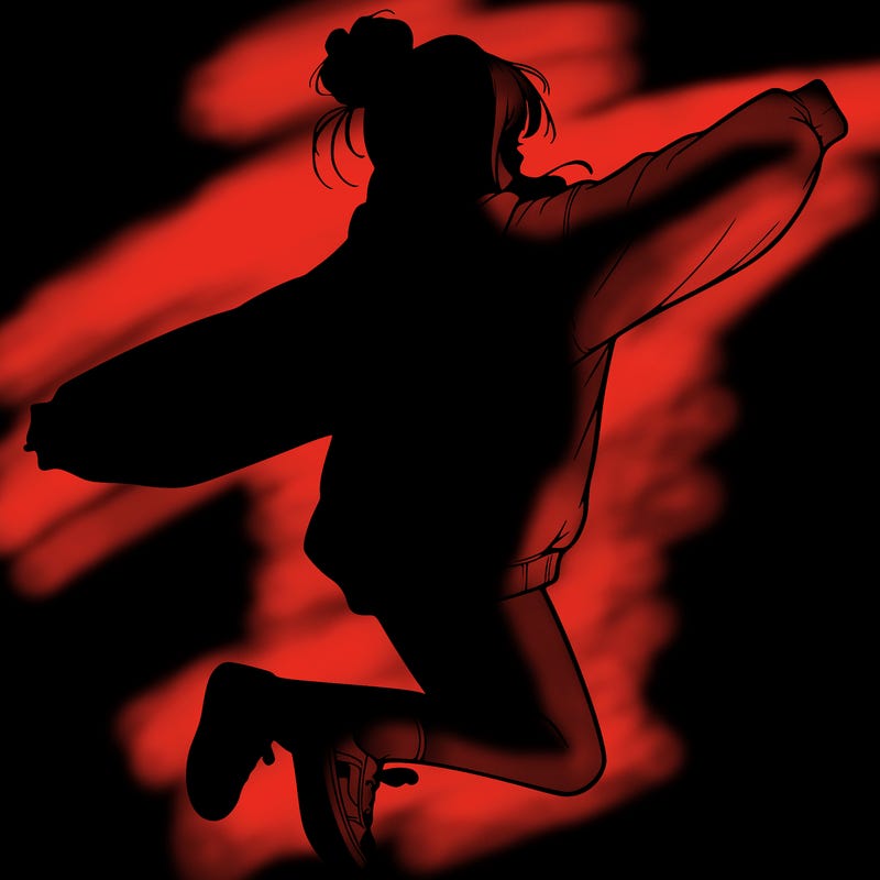 realistic girl jumping with a bun and oversized sweatshirt