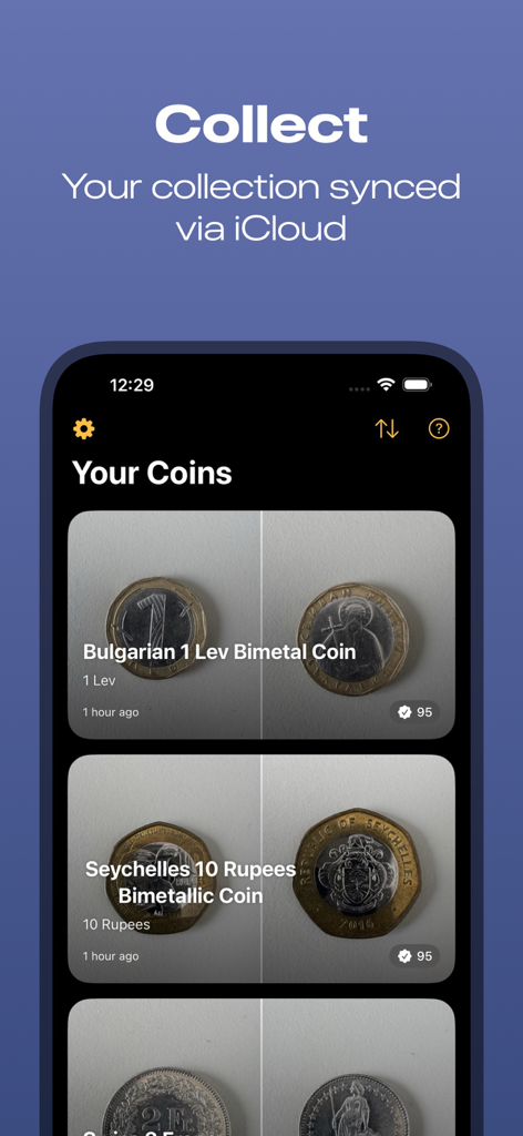 Coin Identifier: Value Scanner - A digital coin collection screen showing identified international coins and iCloud sync feature.