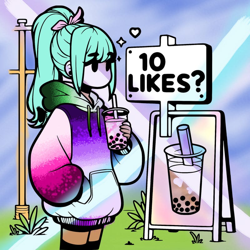 girl with oversized hoodie drinking boba and she has a high ponytail with a sign that says 10likes?