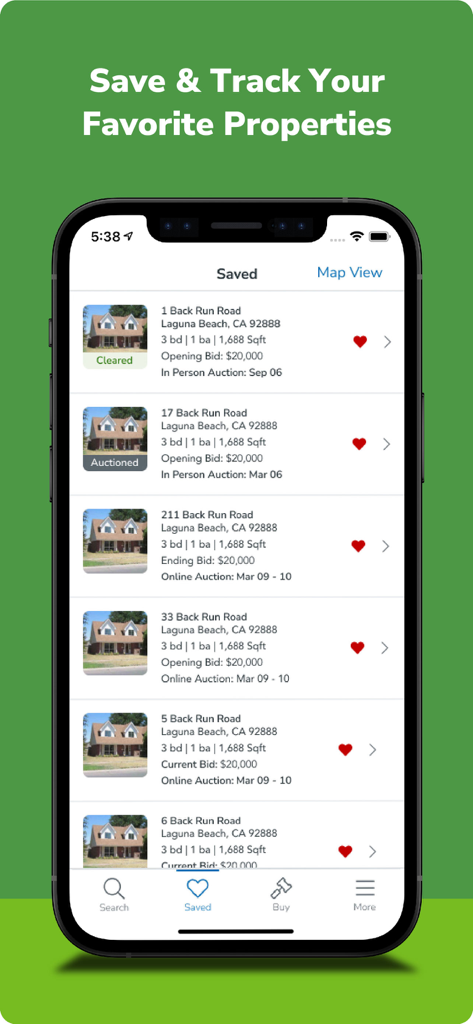 Auction.com - Homes for Sale - Mobile screen showing a list of saved auction properties in Laguna Beach with bid details and property status