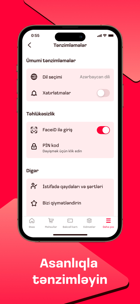Bakcell - Bakcell mobile app settings interface showing options for language, notifications, security, and FaceID.