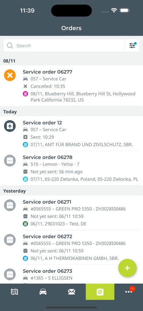 Webfleet Mobile - Webfleet Mobile app orders management screen showing service order details and status