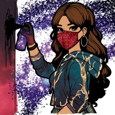 realistic girl with mask spray painting a wall