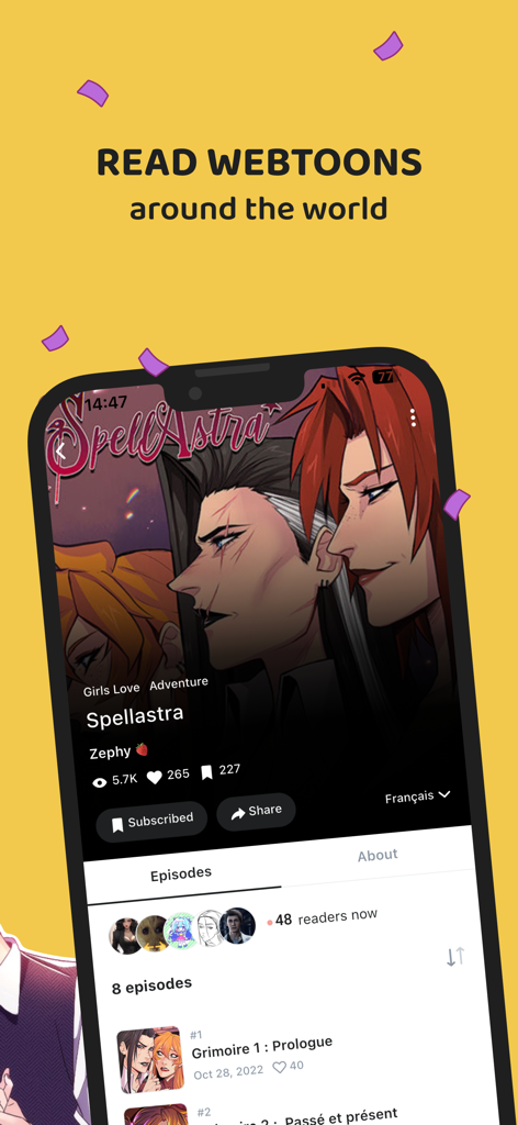 Un smartphone affichant l'interface de l'application Lemoon avec un webtoon intitulé Spellastra