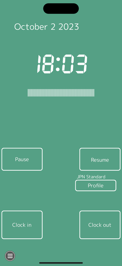 Work Log -Time sheet- - Work Logアプリのメインインターフェース。デジタル時計表示と、出勤、退勤、一時停止、再開のためのシンプルなボタンが表示されています。