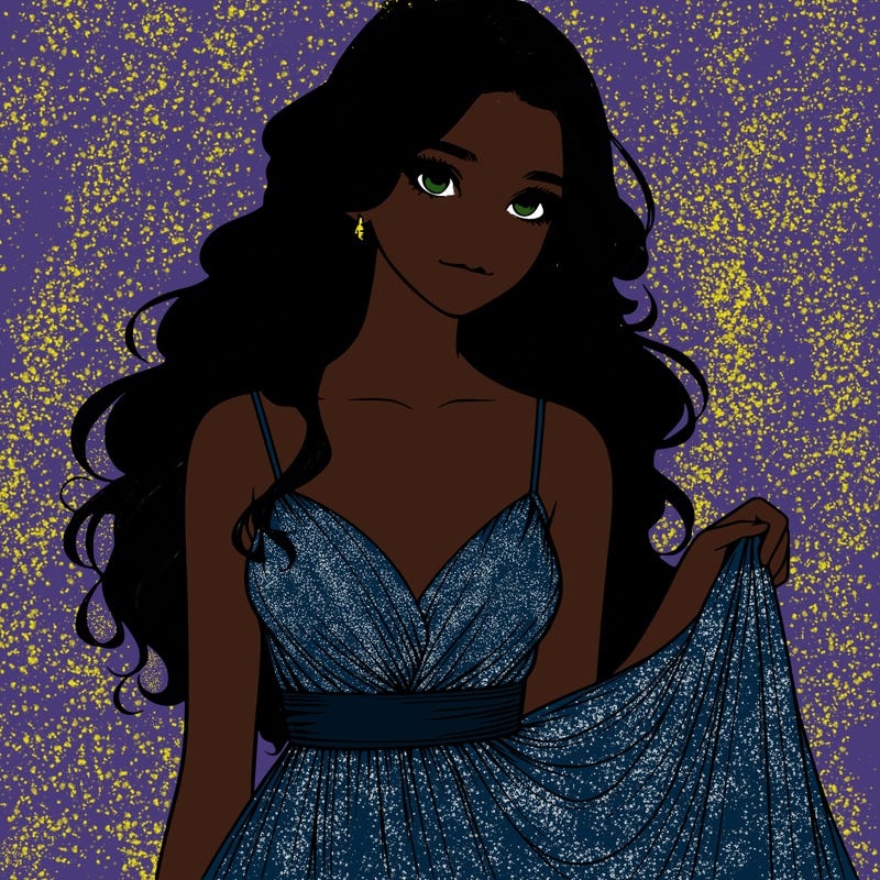 realistic girl in flowy silky prom dress