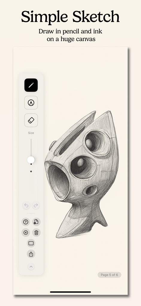 Simple Sketch - A 3D geometric sketch on a digital canvas within the Simple Sketch app interface showing drawing tools.