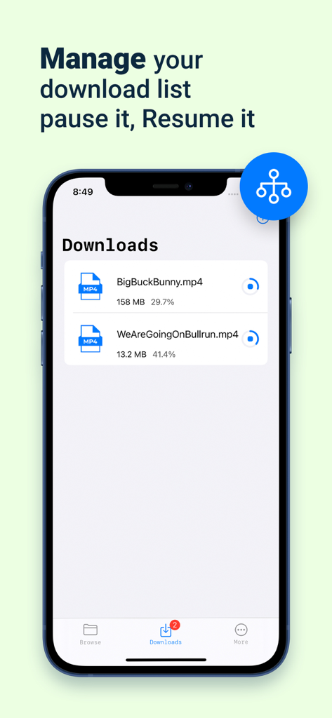 D Manager IDM - Downloads list in the D Manager IDM app showing file progress and management options