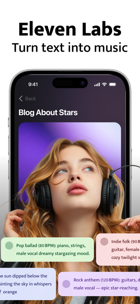 Eleven Labs: AI Music & Songs - Smartphone screen showing Eleven Labs app features for turning text into music with various styles