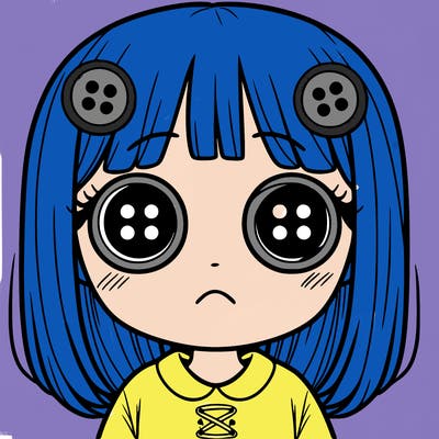 girl with button eyes and not smiling