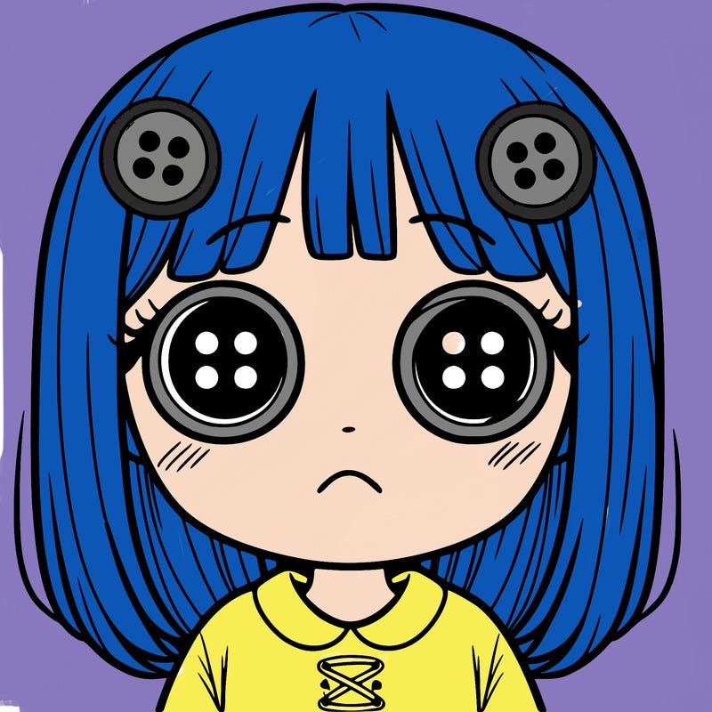 girl with button eyes and not smiling