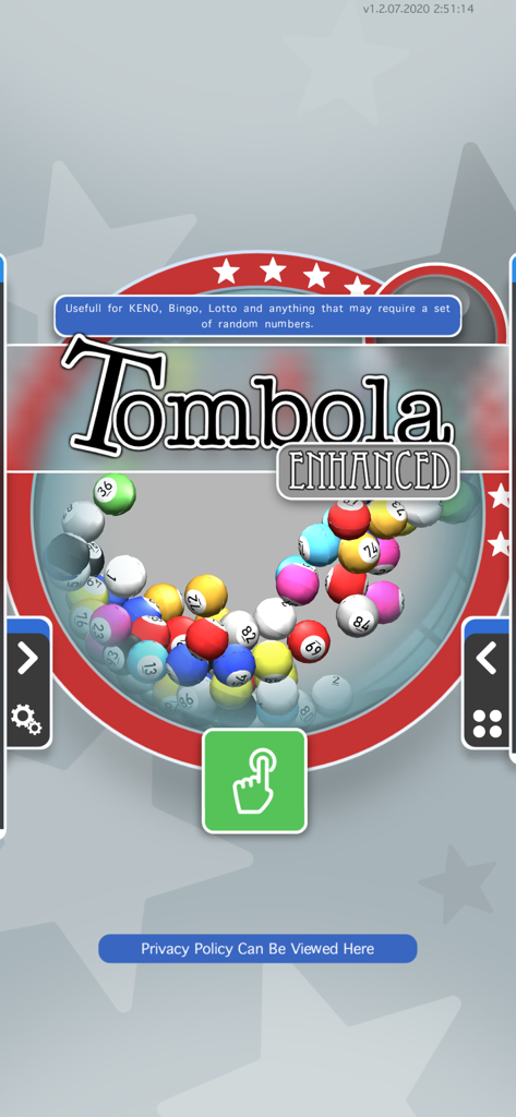Tombola Enhanced - Interface principal do aplicativo Tombola Aprimorado apresentando uma máquina virtual colorida de bolas de loteria para jogos de bingo e keno