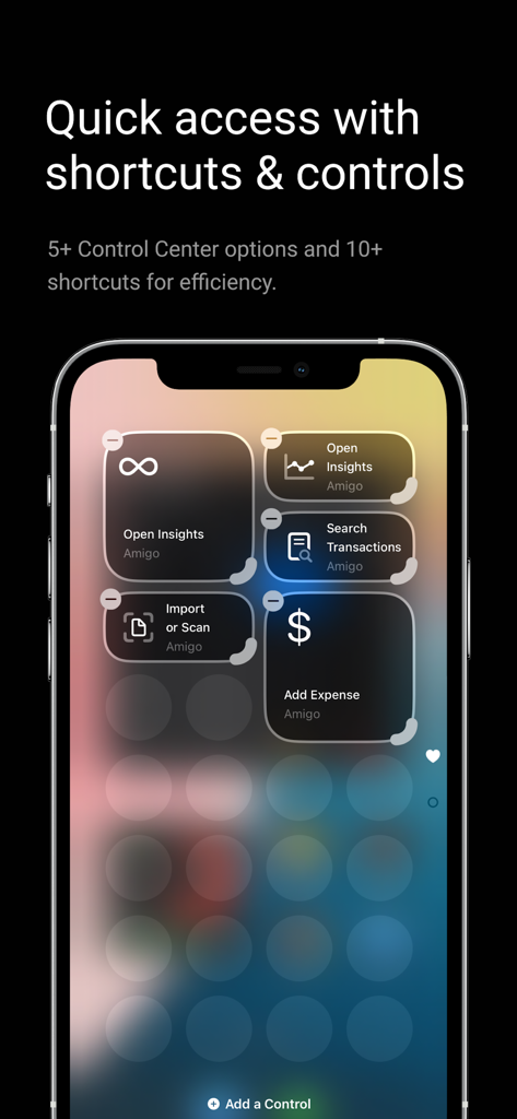 Amigo AI - Expense Tracker - Scorciatoie di Amigo AI expense tracker e widget del centro di controllo su iPhone.