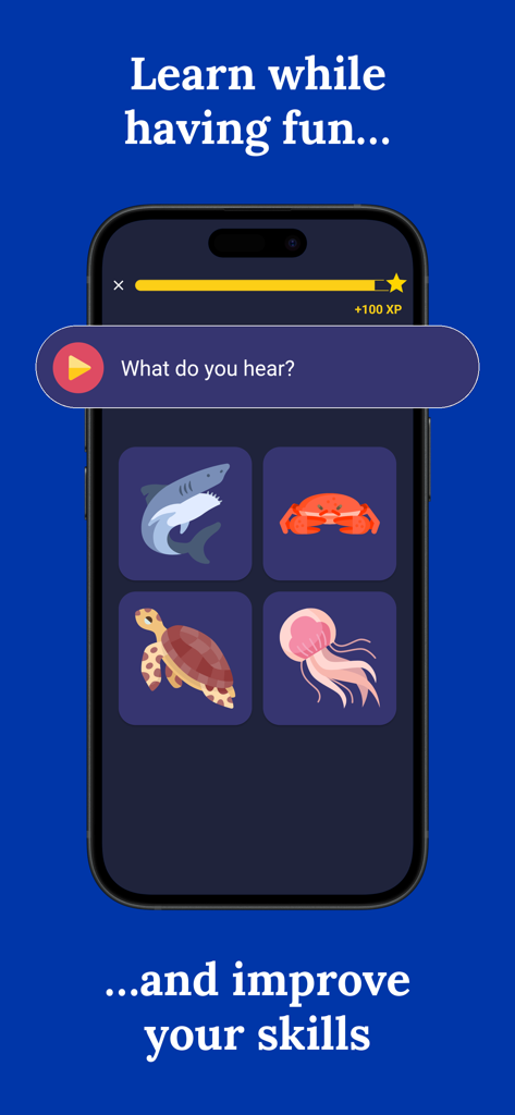 A listening exercise in the Learn Russian app showing a shark, crab, turtle, and jellyfish icon for vocabulary practice.