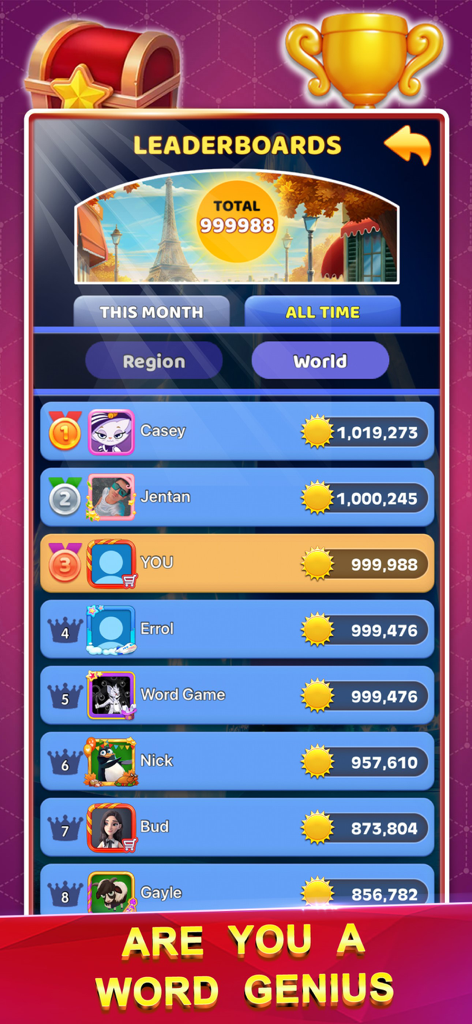 Word Trip Connect Puzzle Games - Global leaderboard for Word Trip Connect showing player rankings and high scores