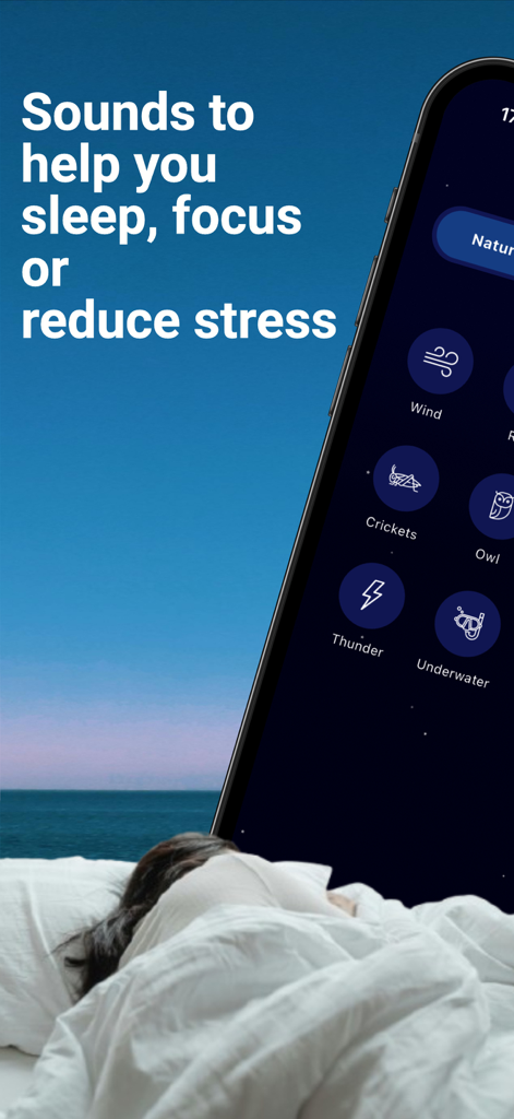 Placid: Focus, Sleep & Sounds - Placid app interface showing nature sound icons for sleep and focus over a calming bedroom scene