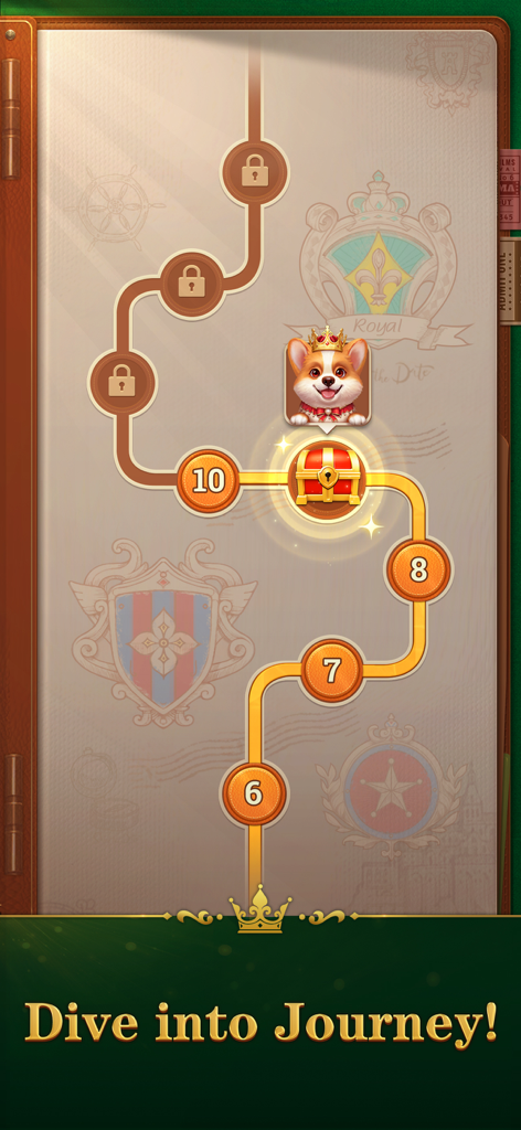 Level progression map in Jenny Solitaire with the royal corgi character.