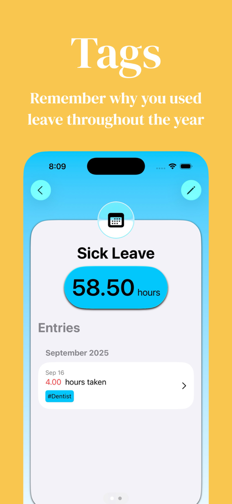 My Time Off Tracker 2 - Interface of the My Time Off Tracker 2 app showing the tagging feature with a sick leave entry for a dentist appointment.