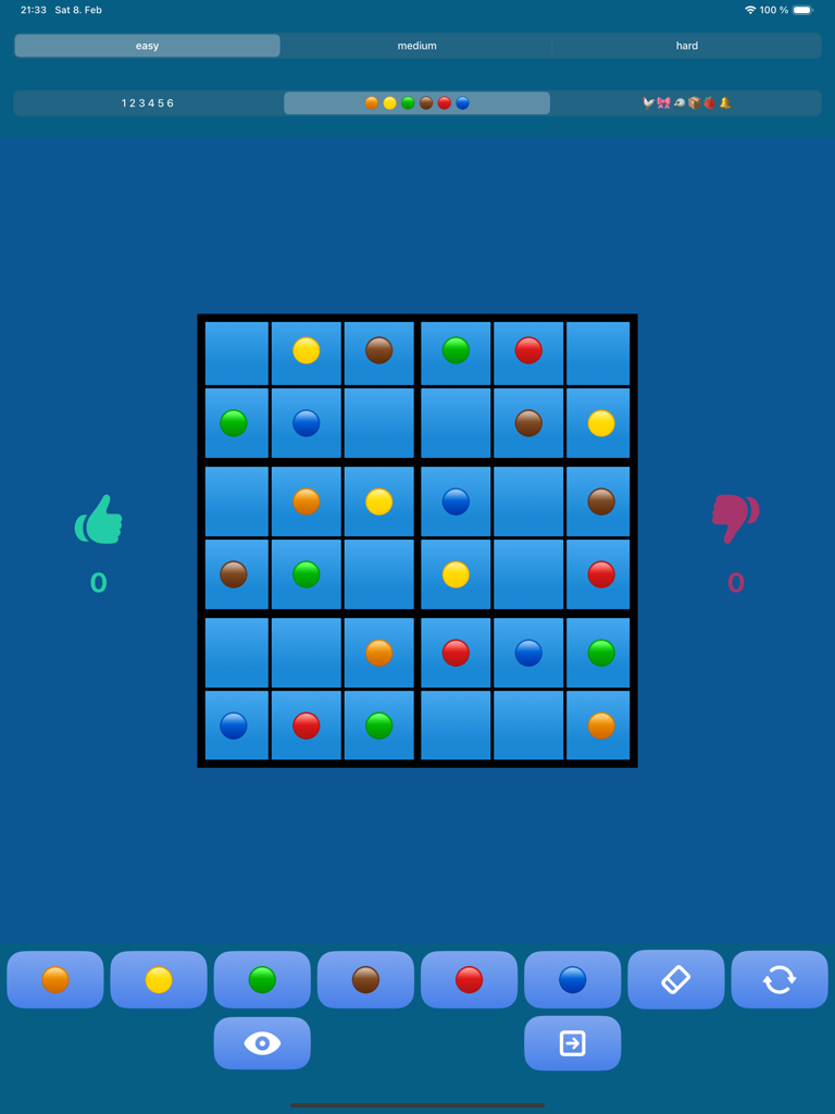 Sudoku6x6 (4Kids) - Sudoku 6x6 puzzle grid for kids with colored circles and simple interface controls