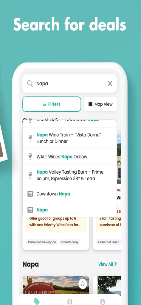 Priority Wine Pass - Priority Wine Pass app search screen showing wine tasting deals and winery results for Napa.