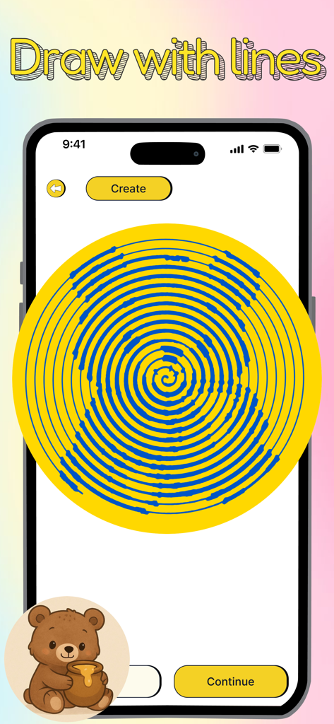 Spiral Art: Portrait Drawing - Una interfaz móvil que muestra una obra de arte circular en espiral azul y amarilla en la aplicación Arte en Espiral.