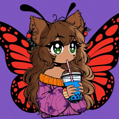a realistic butterfly/furry girl drinking boba