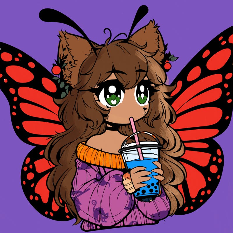 a realistic butterfly/furry girl drinking boba