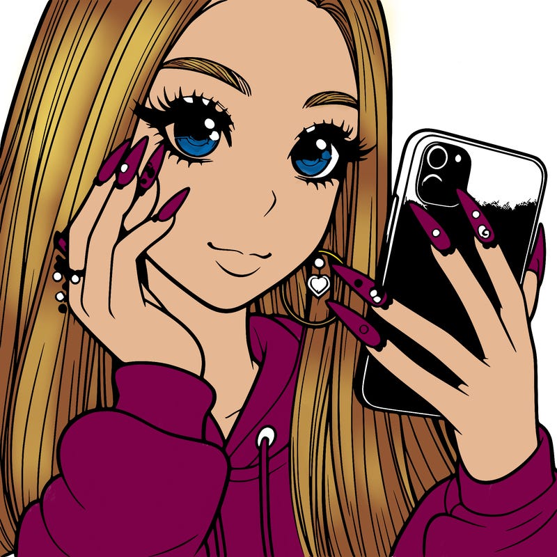 a girl with nails holding a phone realistic