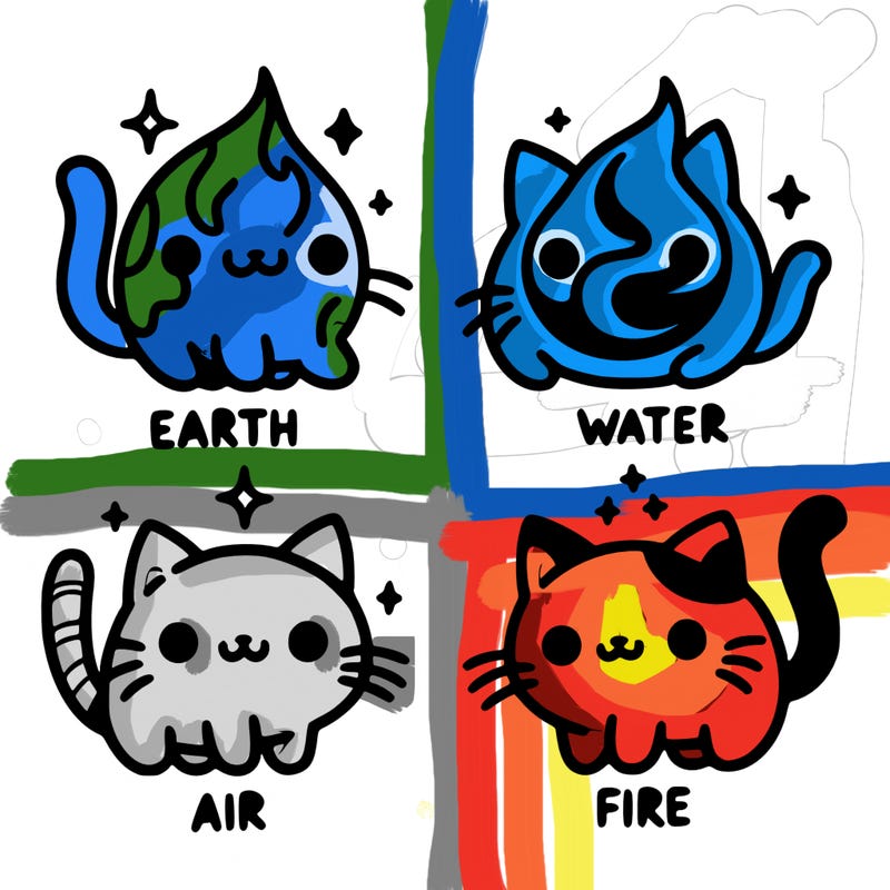 4 cats that represent the different elements, earth, water, air, and fire