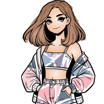 a realistic girl with a crop top and short shorts in an open jacket