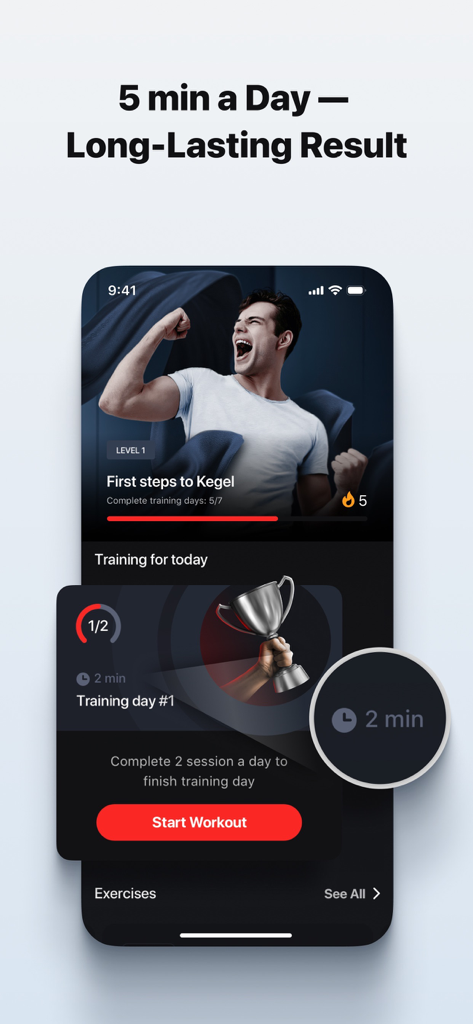 Dr. Kegel App-Oberfläche, die einen fünfminütigen täglichen Trainingsplan für Männer zeigt