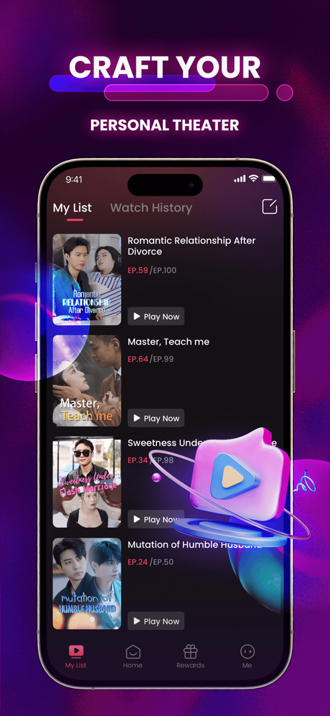BitePlay - BitePlay app My List screen displaying several short drama series titles and thumbnails