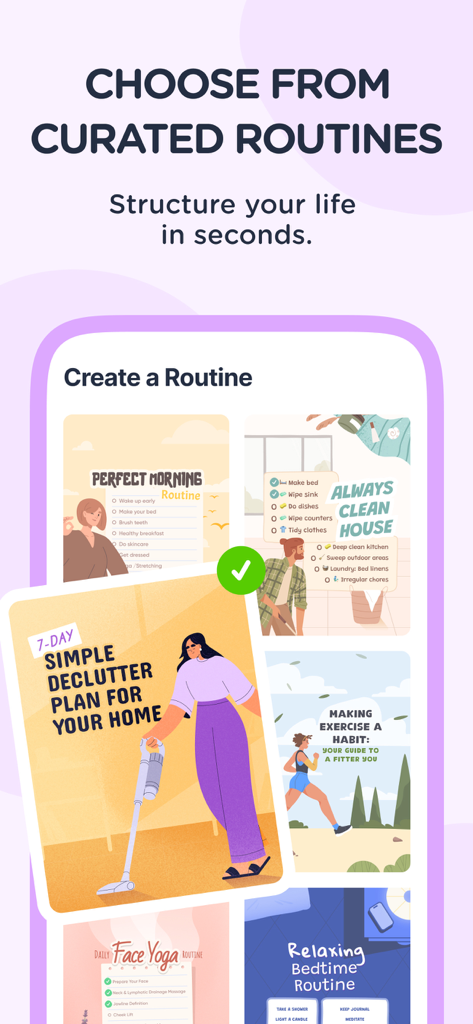 Dear Me: Daily Routine Tracker - Un écran de l'application Dear Me montrant des modèles de routine quotidienne sélectionnés pour les soins personnels et la productivité