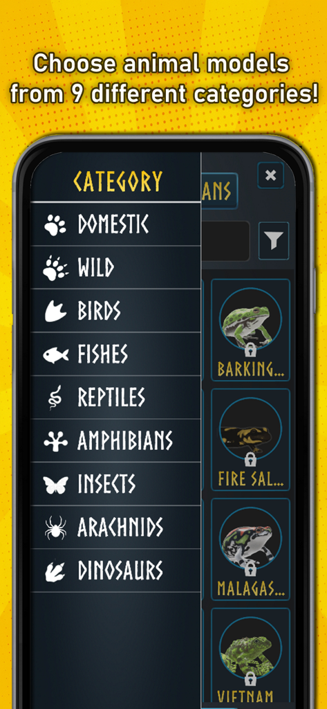 A menu screen from Eugene's AR Wiki showing nine animal categories including dinosaurs birds and wild animals