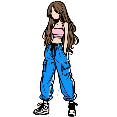 girl in baggy pants crop top and long hair
