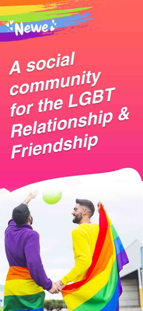 Due uomini avvolti in una bandiera arcobaleno per la comunità di incontri e amicizia LGBTQ+ di Newe