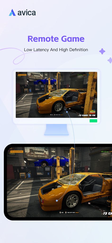 Avica Remote Desktop - Avica Remote Desktop showing a high definition car mechanic game being played on a mobile device via remote access.