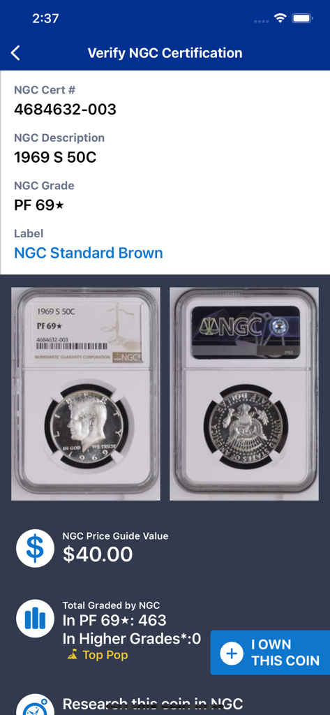 NGC app Verify Certification screen with coin grading and price guide details