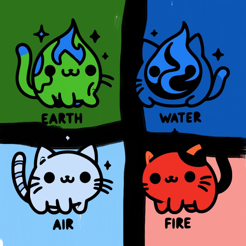 4 cats that represent the different elements, earth, water, air, and fire