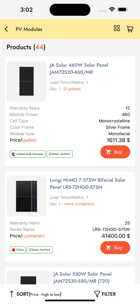B2B marketplace interface showing bulk listings for JA Solar and Longi solar panels with pricing per pallet and container.