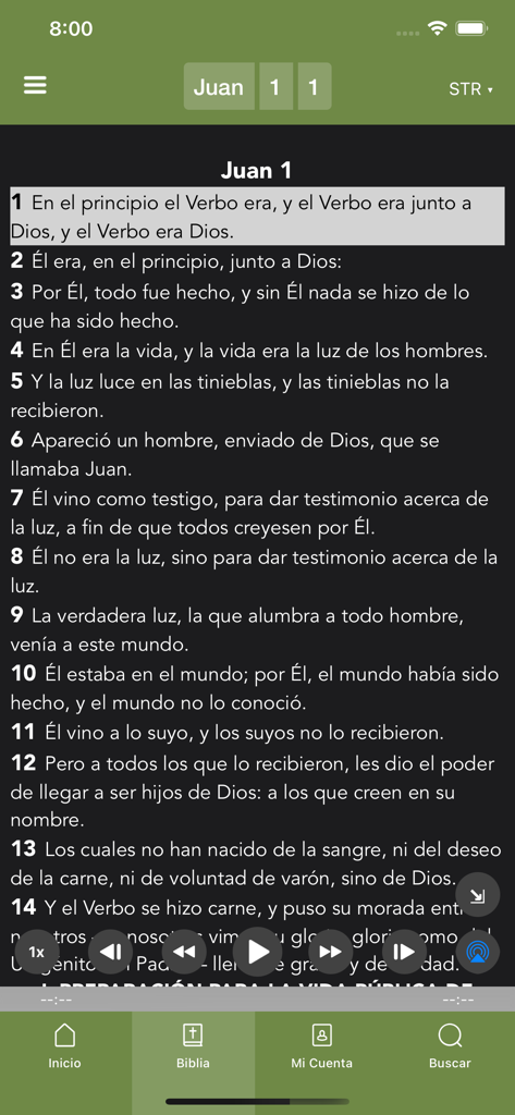 Biblia Católica - La aplicación Biblia Católica muestra el texto de las sagradas escrituras del capítulo 1 de Juan con un reproductor de audio.