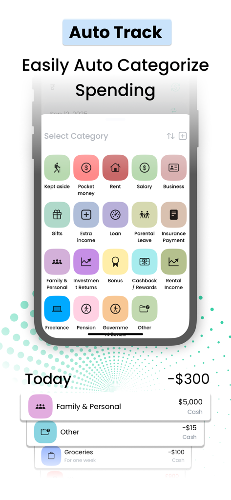 The Bills Organizer: Spendable - Interfaz de la aplicación móvil que muestra la categorización automática de gastos con iconos coloridos para alquiler, salario y gastos personales.